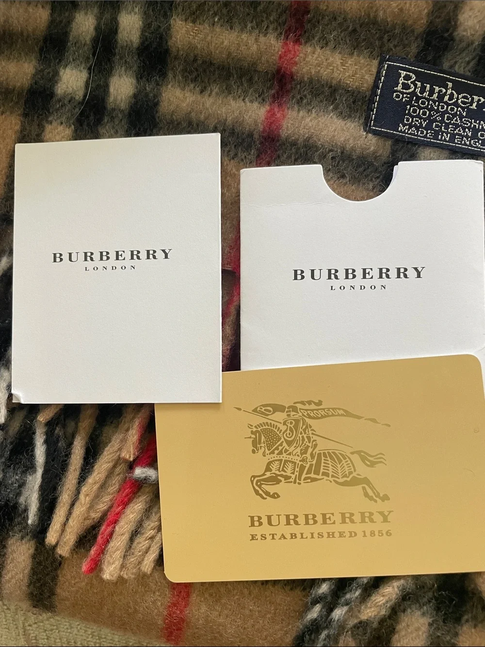 Burberry Beige Vintage Check Cashmere Scarf with Red Accent